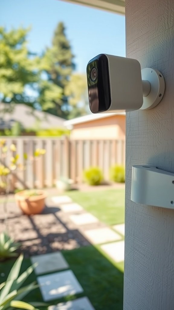 Arlo Pro 4 Security Camera mounted outside, overlooking a garden.