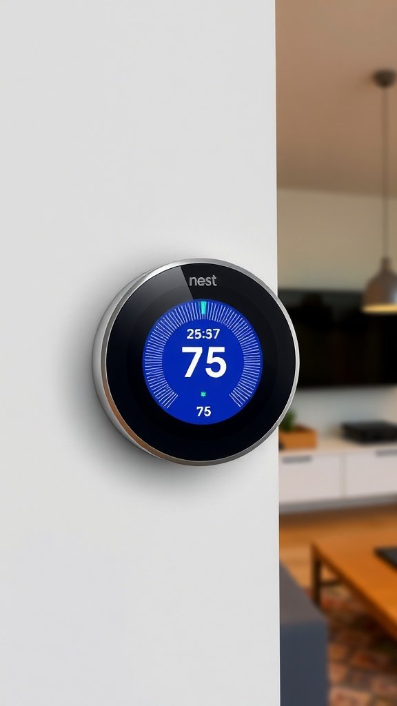Nest Learning Thermostat mounted on a wall displaying 75 degrees