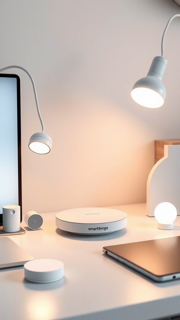 Samsung SmartThings Hub on a modern desk with various smart home devices.